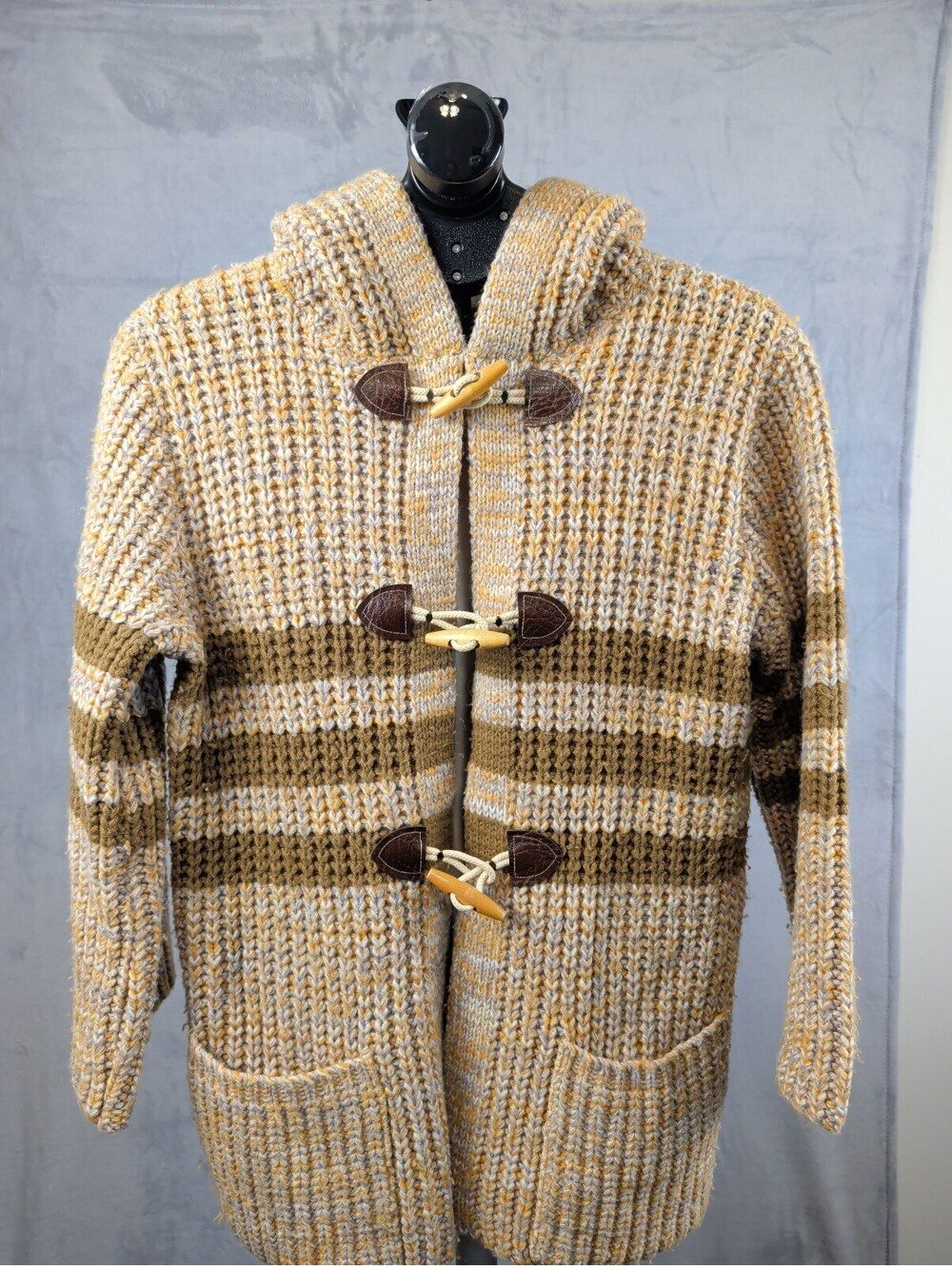 Cozy Hooded Toggle Cardigan Sweater with Stripes